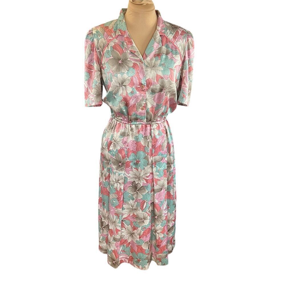 Vintage SZ S Filenes Floral Shirt Day Midi Dress 70s 80s Cottagecore Puff Sleeve
